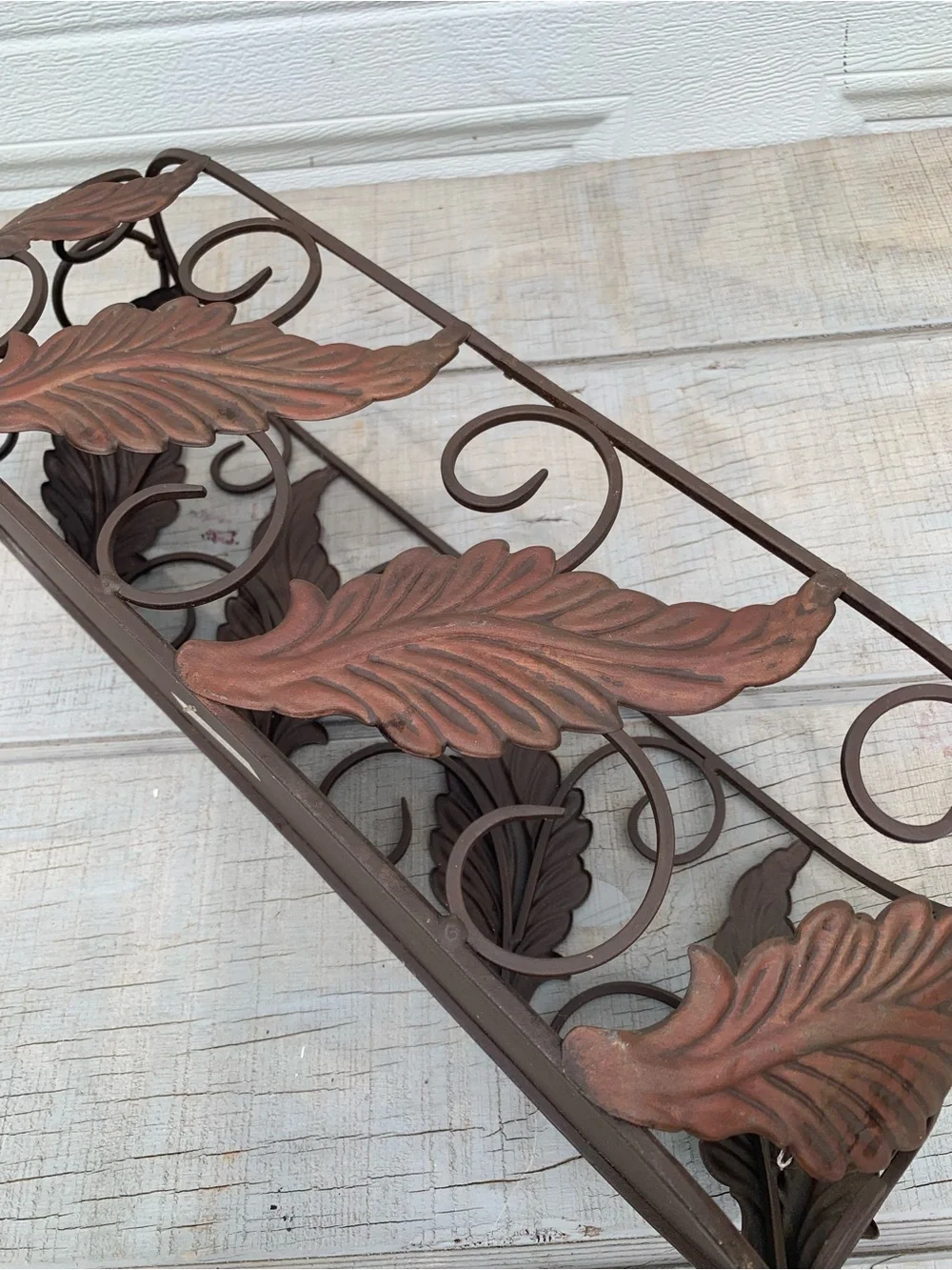 Vtg Wrought Iron Oval Planter Basket Metal Leaves Scrollwork Handle Caddy 19”
